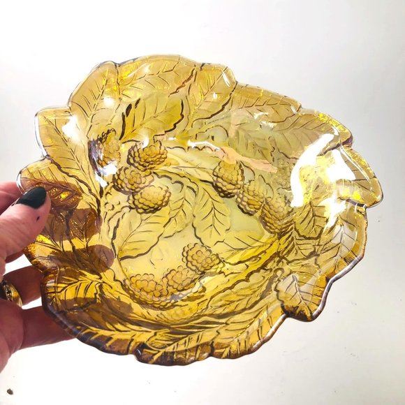 Vintage Indiana Loganberry Carnival Glass Bowl Marigold Amber Leaves Candy Dish - Picture 5 of 5